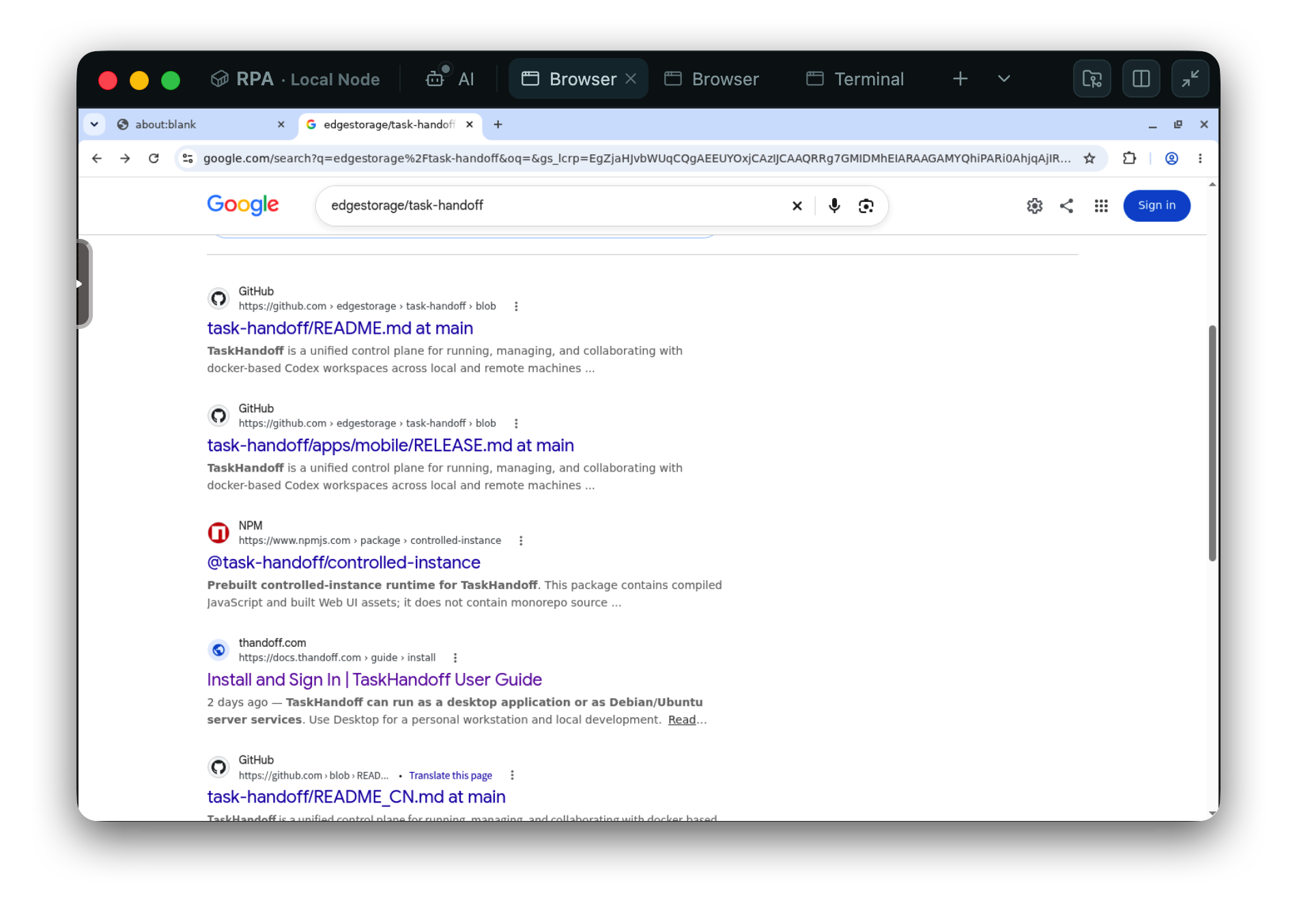 Browser running inside a TaskHandoff instance