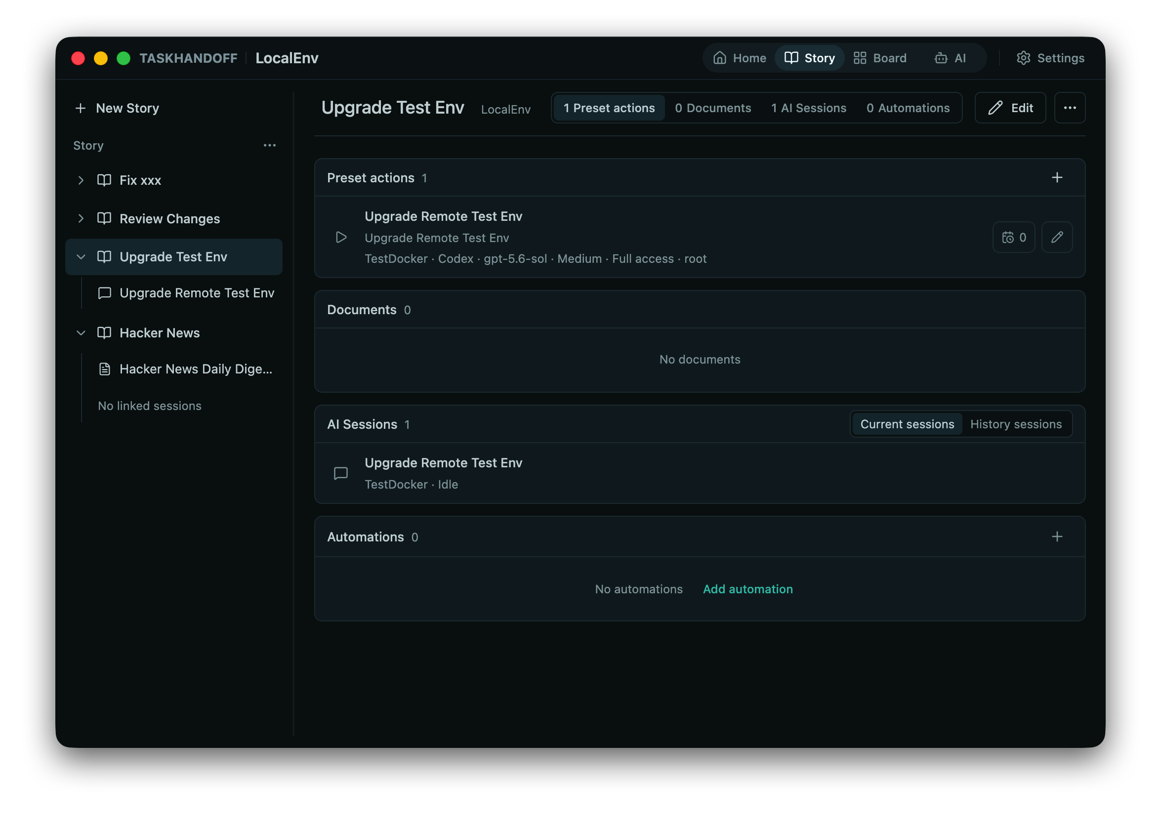 Story overview with preset actions, documents, AI sessions, and automations