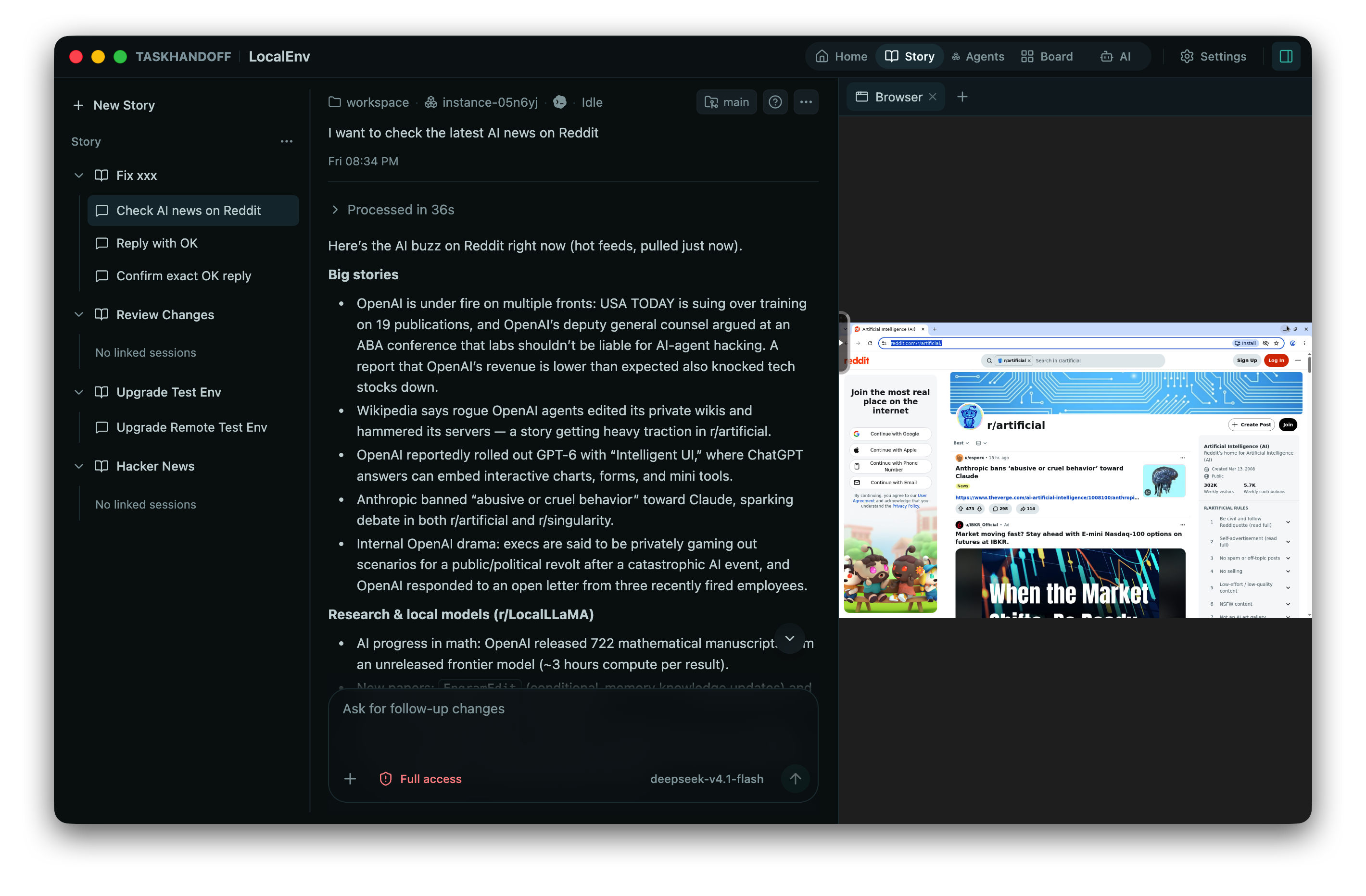 TaskHandoff Story workspace in dark mode with a Story session and a Chrome window running in the container