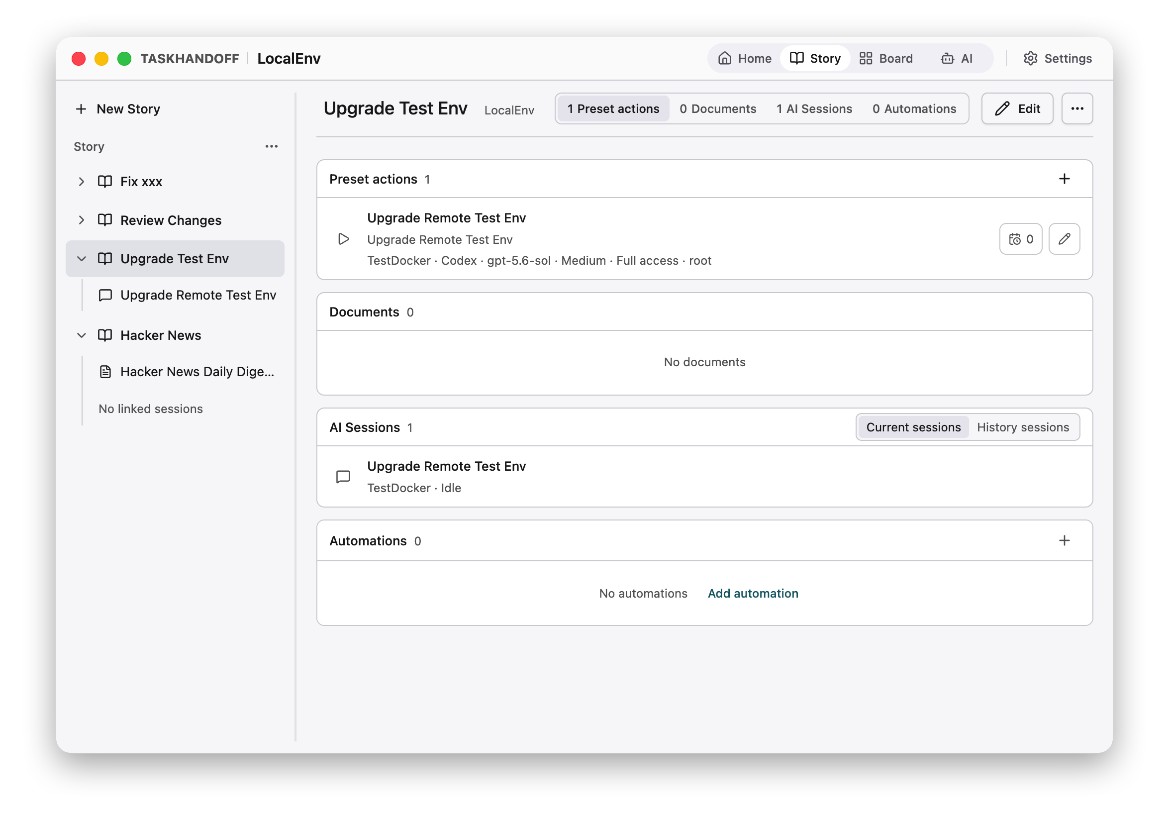 TaskHandoff Story workspace in light mode