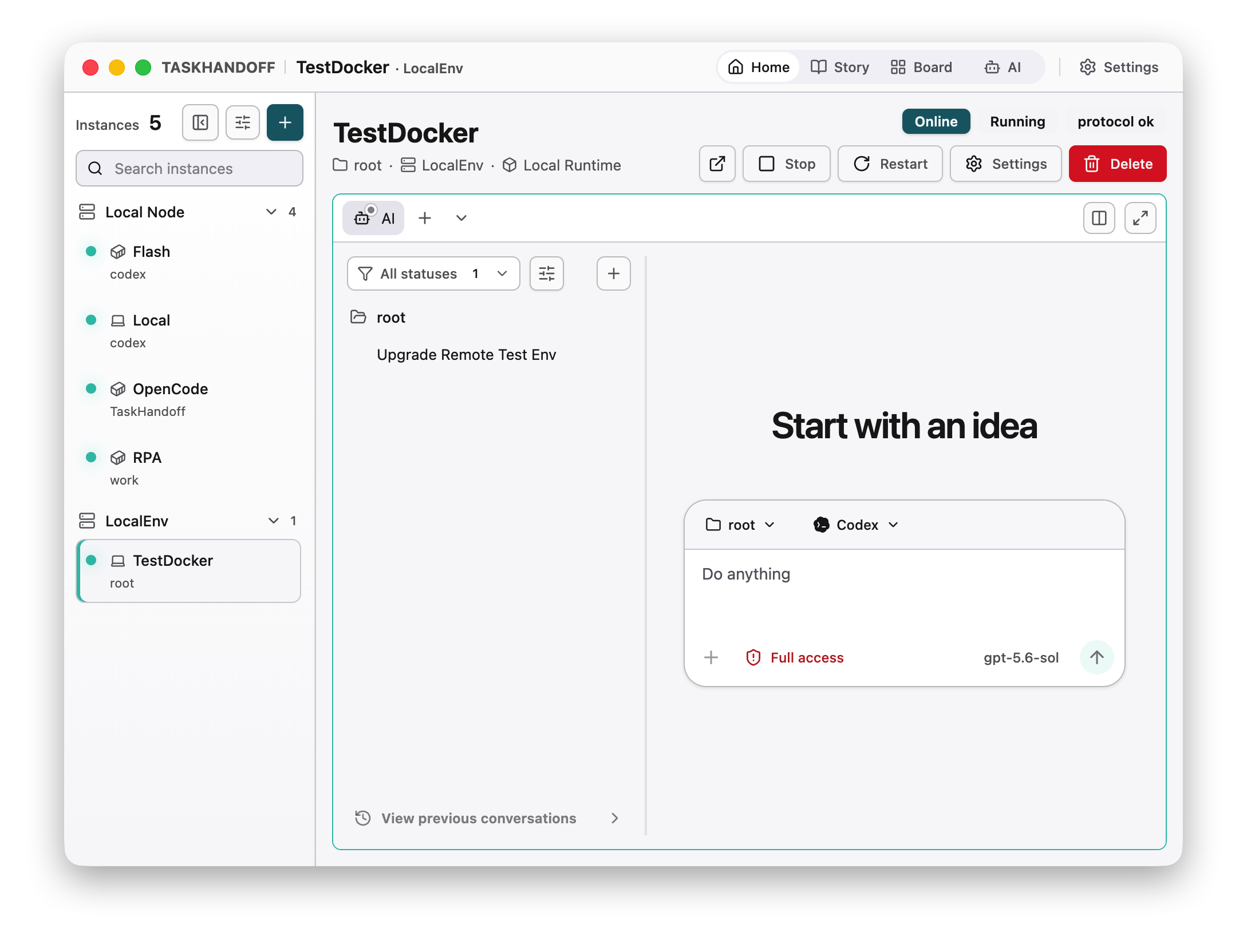 TaskHandoff workbench with the instance sidebar and AI workspace